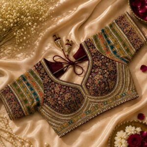 Sabyasachi style heavy multi kashmiri thread & codding work blouse mehroon color