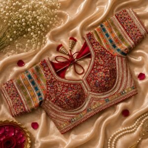 Sabyasachi style heavy multi kashmiri thread & codding work blouse red color