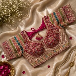 Sabyasachi style heavy multi kashmiri thread & codding work blouse rani color