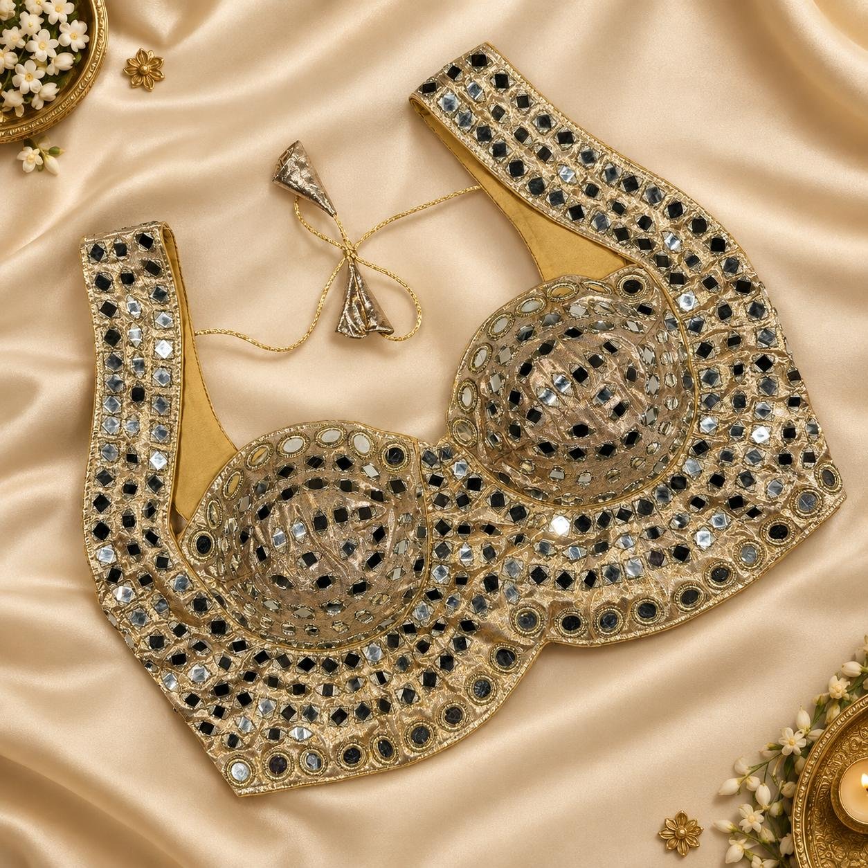 Beautiful real Mirror Work Embroidery Blouse light golden