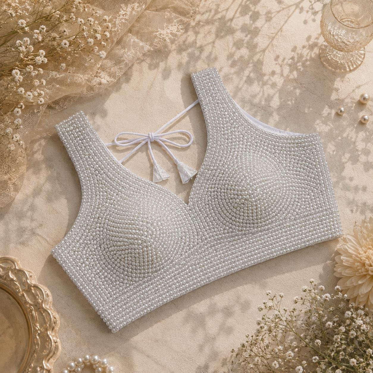 Beautiful handwork pearl moti blouse white color