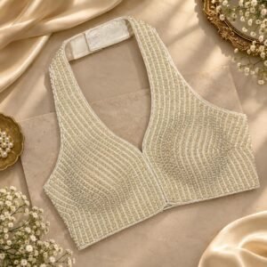 Beautiful holder neck blouse pearl white design 1