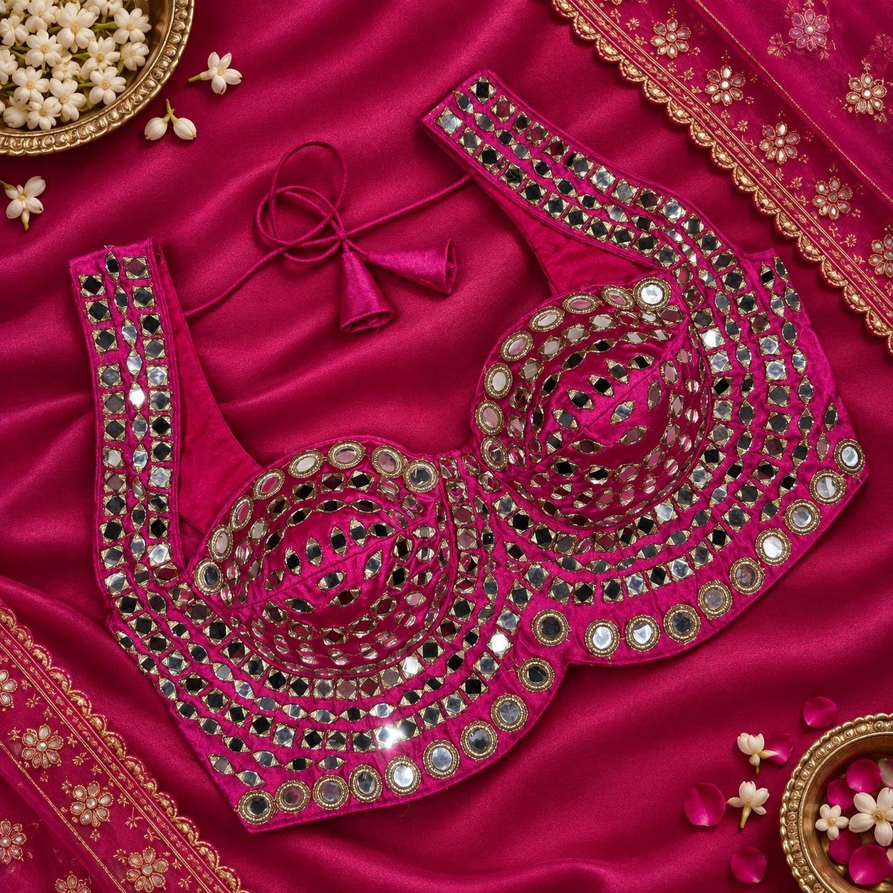 Beautiful real Mirror Work Embroidery Blouse rani pink color