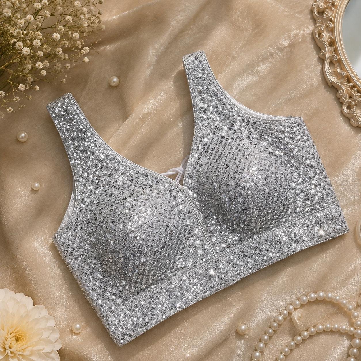 Beautiful sequence work designer blouse silver color